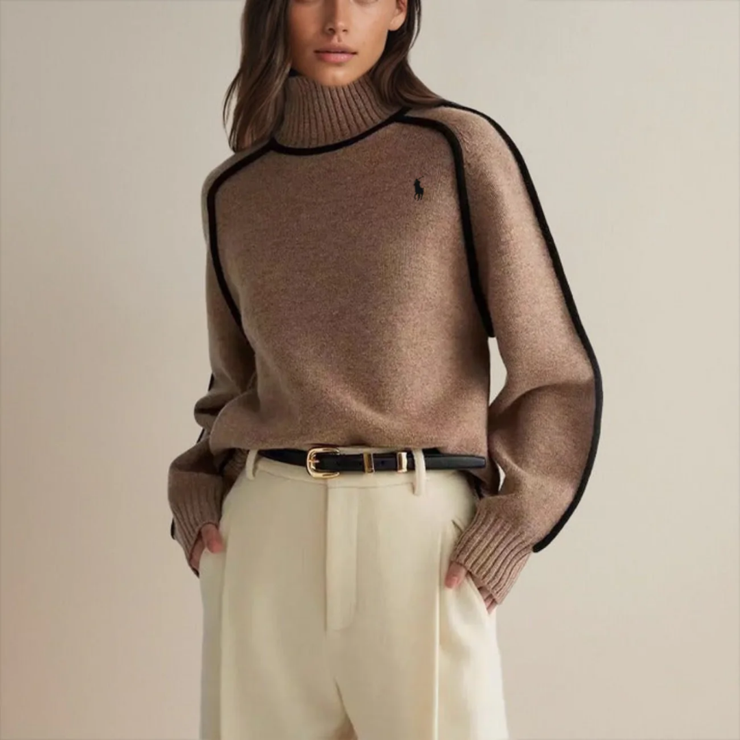 Maglione Elegante a Collo Alto con Dettagli a Contrasto