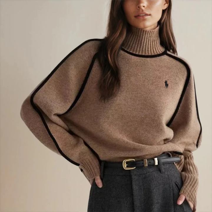 Maglione Elegante a Collo Alto con Dettagli a Contrasto
